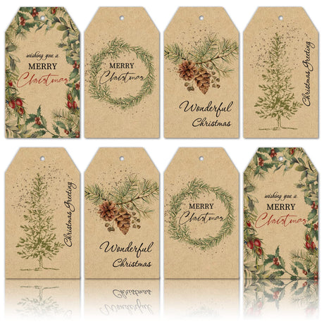 Whaline 120Pcs Christmas Plants Gift Tags Vintage Kraft Paper Gift Tags with 98.4Ft Hemp Rope Watercolor Plant Merry Christmas Seasonal Wishes Xmas Favor Hanging Tags for Christmas Party Gift Wrapping Whaline