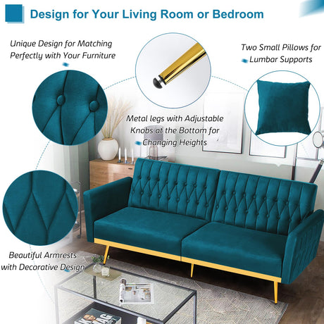 ACMEASE 70” Velvet Futon Sofa Bed w/Adjustable Armrests and Backrest, Convertible Futon Couch w/2 Pillows, Modern Sleeper Bed for Living Room, Bedroom, Teal ACMEASE