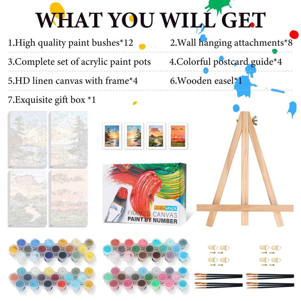 4 Pack Framed Paint by Numbers Kit for Adults Beginners with Wooden Easel, DIY Sunrise and Sunset Landscape Paint by Number Kit with Frame, Easy Painting by Numbers for Home Wall Decor, 8x12 inch Fountor