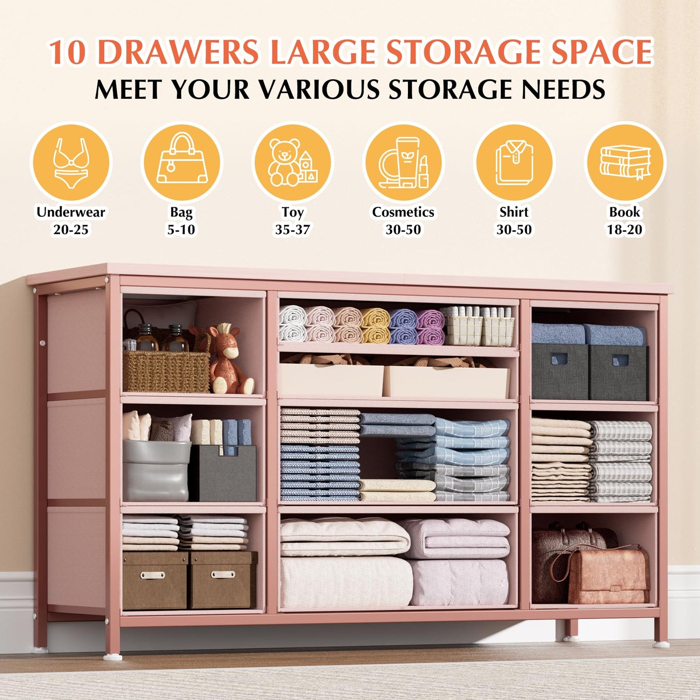 Pink Dresser for Bedroom, Modern Dresser with 10 Drawers, 55 Inch Tv Stand Dressers with Power Outlet, Storage Unit Organizer Chest of Drawers for Closet, Kid Room, Dressers Cupboard for Bedroom