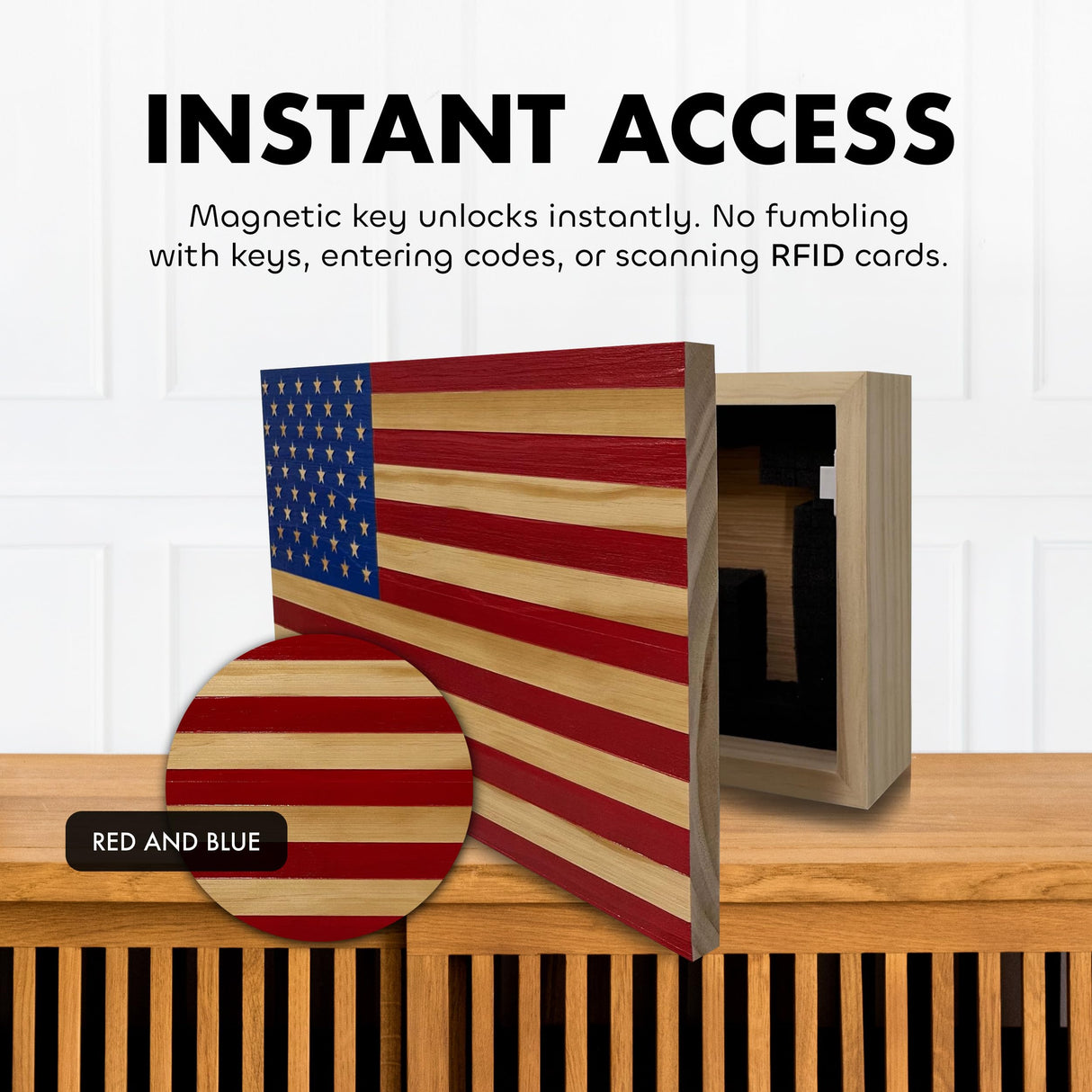 American Flag Hidden Gun Safe - Quick Access Hidden Gun Shelf - Concealment Shelf with Magnetic Lock - Wall Gun Safe for Secure Firearm Storage - Handcrafted In USA by Bellewood Designs (Red & Blue) Bellewood Designs