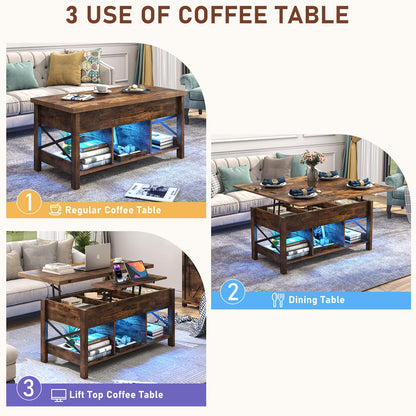 jiteentarou Lift Top Coffee Table with Storage, LED Lights & Charging Station, 4-in-1 Multi-Function Large Convertible Living Room Tables, Farmhouse Lift Tabletop Dining Table w/Hidden Compartment