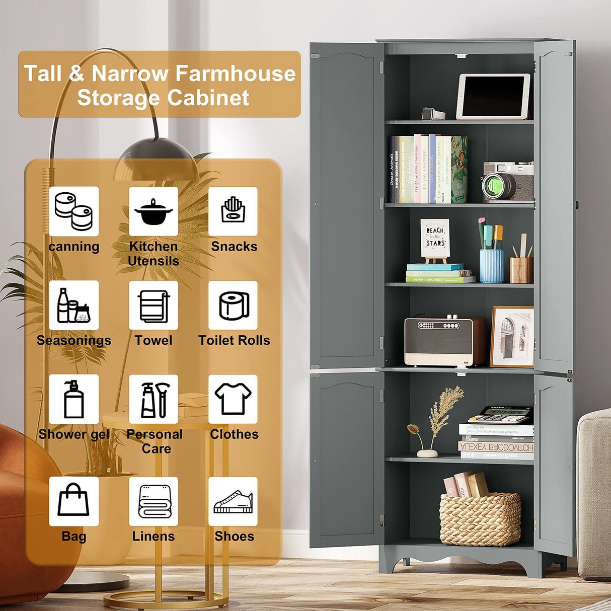 Function Home Tall Pantry Cabinet, Freestanding Storage Cabinet, Wooden Kitchen Pantry with 4 Doors and 5 Shelves, 72" Floor Cabinet Organizer for Kitchen Living Room Bathroom, Grey Function Home