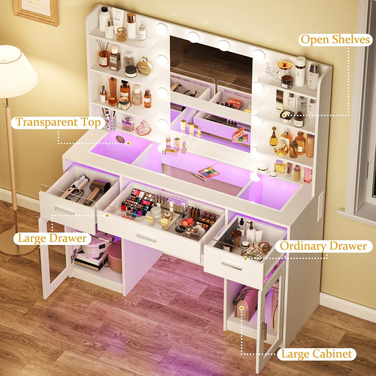 HUAHUUU Vanity Desk, Makeup Vanity Desk with Mirror and Lights 3 Colors, Transparent Top with 3 RGB Drawers, 6 Shelves, 2 Large Tempered Cabinets, Power Outlet, for Bedroom, White HUAHUU