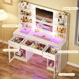 HUAHUUU Vanity Desk, Makeup Vanity Desk with Mirror and Lights 3 Colors, Transparent Top with 3 RGB Drawers, 6 Shelves, 2 Large Tempered Cabinets, Power Outlet, for Bedroom, White HUAHUU
