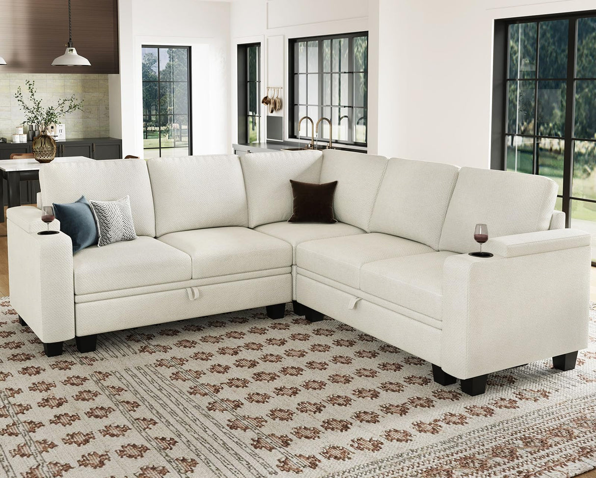 Belffin Fabric L Shaped Sectional Couch with Storage, Small Modular Sectional Corner Sofa with Chaise, Armrest with Cup Holder. Beige Couch. Belffin