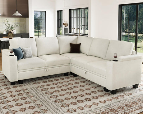 Belffin Fabric L Shaped Sectional Couch with Storage, Small Modular Sectional Corner Sofa with Chaise, Armrest with Cup Holder. Beige Couch. Belffin