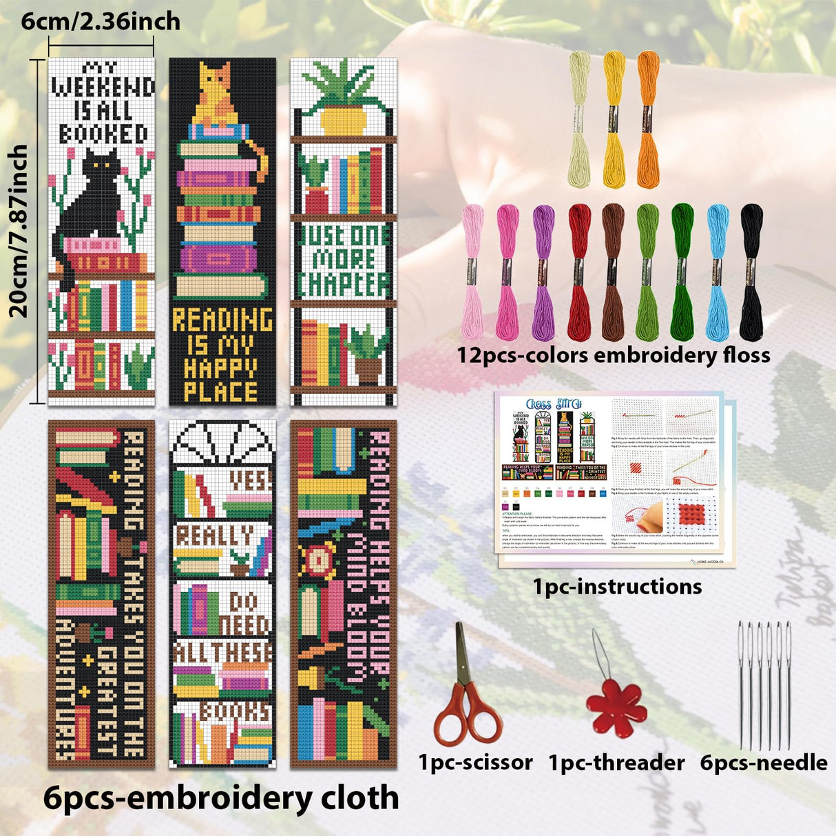ACRNIGHEET 6PCS Cross Stitch Bookmark Kits Bookshelves Words Pattern Counted Cross Stitch Kits for Beginners Adults DIY Stamped Embroidery Bookmarks with Instructions Hand Embroidery Craft Gift ACRNIGHEET