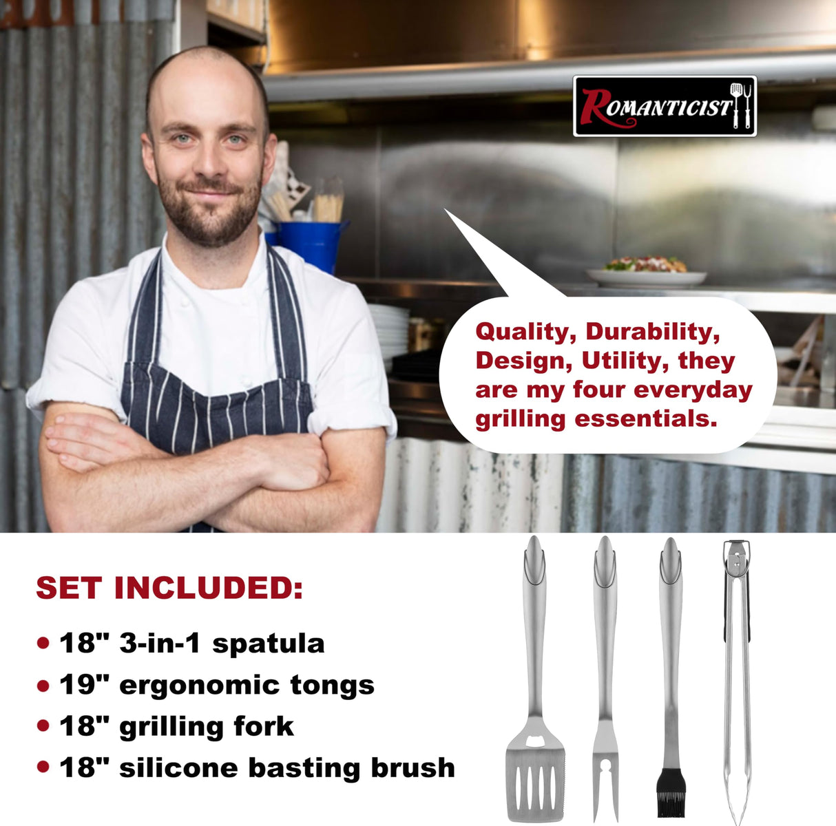 ROMANTICIST 4pc Heavy Duty Grill Accessories for Top Chef - Professional Grill Tools Set & Basic BBQ Tools for Backyard Restaurant Outdoor Kitchen - Deluxe Grill Gift for Dad on Father’s Day Birthday ROMANTICIST