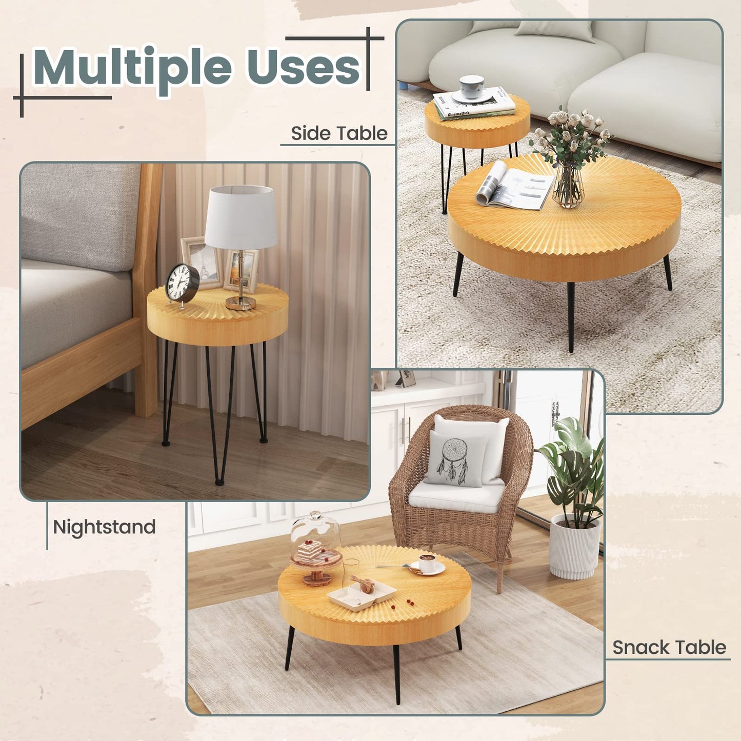 COSTWAY Farmhouse Round Coffee Table Set of 2, Rustic Sofa Side Tea Tables w/Wood Finish, Metal Frame, Adjustable Foot Pads, Nesting End Table Set for Living Room, Bedroom (Radial Pattern)