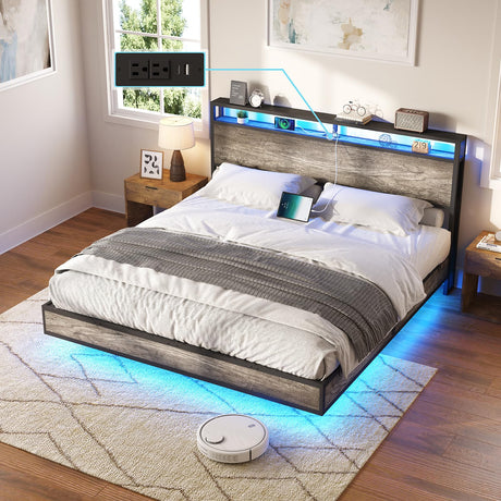 AMERLIFE King Size Industrial Floating Bed Frame with LED Lights and Charging Station AMERLIFE
