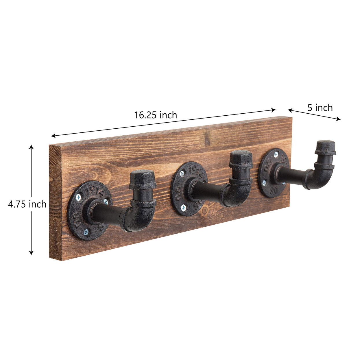 MyGift Burnt Wood Wall Mount Coat Hook Rack and Hat Rack with 3 Hooks Pipe Fixture Design MyGift