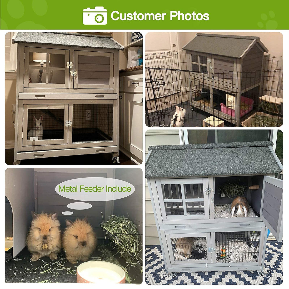 Rabbit Hutch Indoor Outdoor Bunny Cage Rabbit House with Movable Wire Netting, Guinea Pig Habitat On Wheels,Pull Out Leak Proof Tray L38.6 x D25.6 x H44.2 GUTINNEEN
