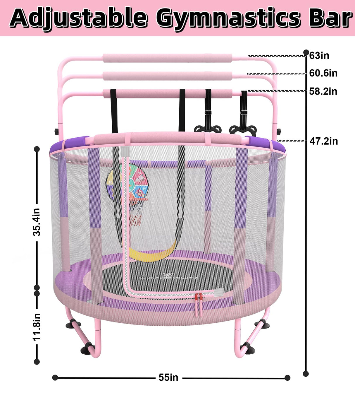 LANGXUN 60" Trampoline for Kids, 5ft Toddler Mini 6-in-1 Trampoline Indoor Outdoor with Swing, Basketball Hoop, Dart Board, Gymnastics Bar, Rings, Christmas Toys Birthday Gifts for Girls Boys Age 1-8 LANGXUN