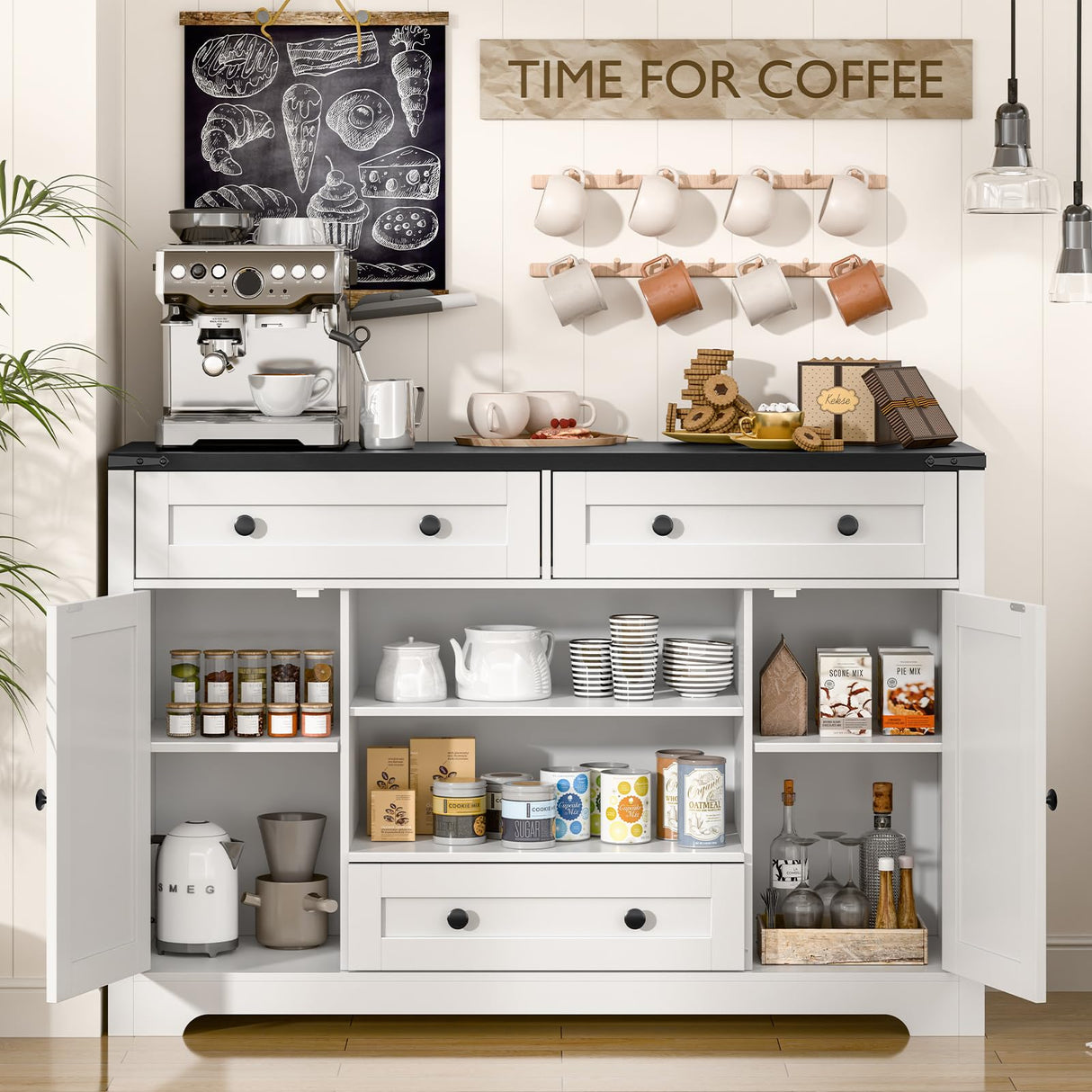 Vabches Farmhouse Sideboard Buffet Cabinet, Kitchen Storage Cabinet with 3 Large Drawers and 2 Doors Wood Rustic Sideboard Buffet Cabinet for Kitchen, Living Room, White Vabches