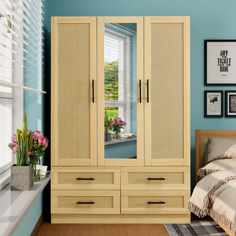 Sophshelter Rattan Armoire Wardrobe Closet: Wardrobe Closet with 4 Drawers Wardrobe Closet with 3 Doors Tall Armoire Closet with Mirror for Bedroom 47.24''W x 18.9''D x 70.9''H Sophshelter