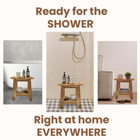 TEAKAURA Teak Shower Bench Stool, 14'' Compact Waterproof Wood Spa Bath Bench with Storage Shelf & Handle, Non-Slip Solid Teak Shower Seat Chair for Small Bathrooms Inside Shower and Outdoor Use TEAKAURA