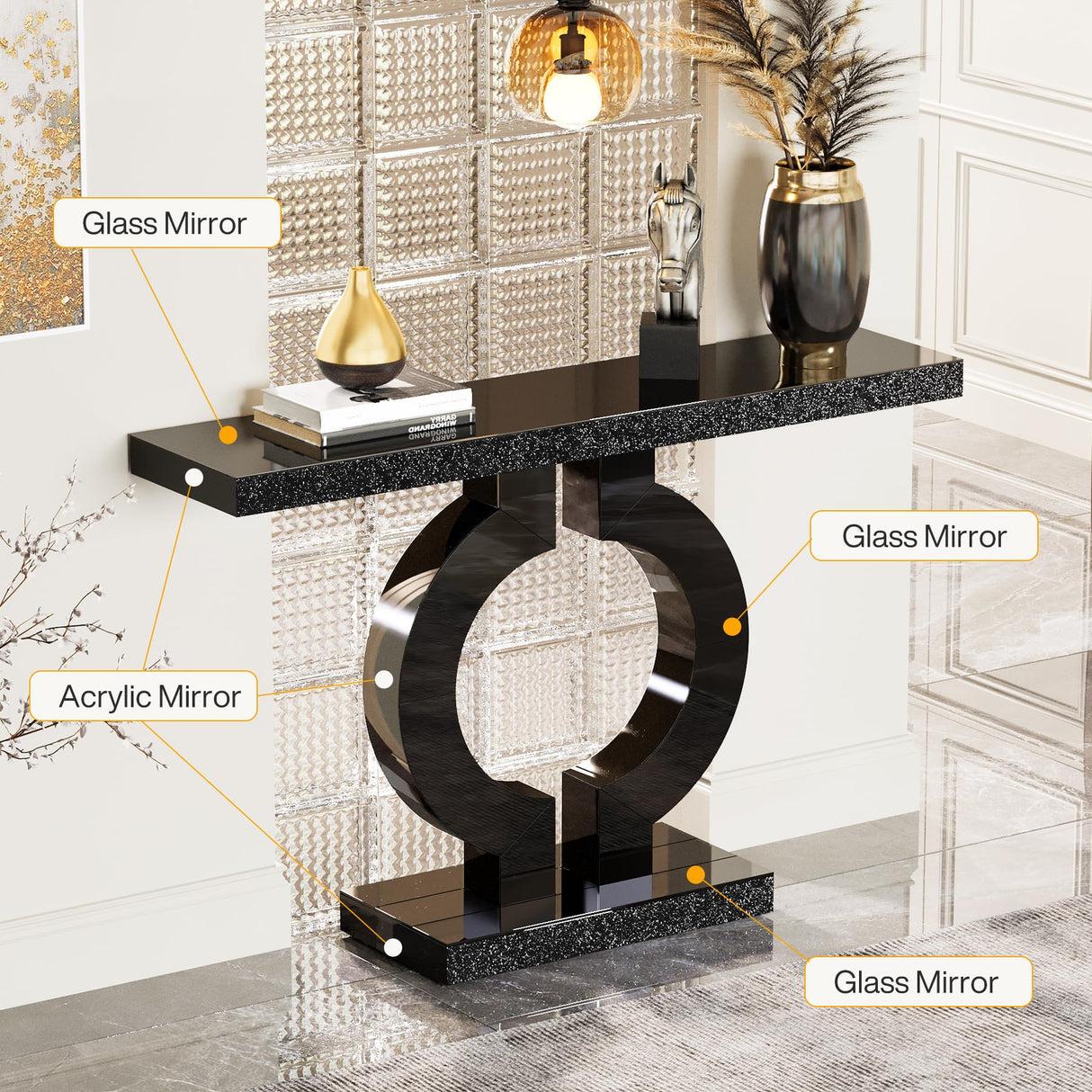 Tribesigns Modern Mirrored Console Table, Glass Sofa Table with Mirror Finish, 43-Inch Entryway Table with O-Shaped Base, Rectangular Accent Foyer Table for Living Room Hallway Entrance (Black) Tribesigns