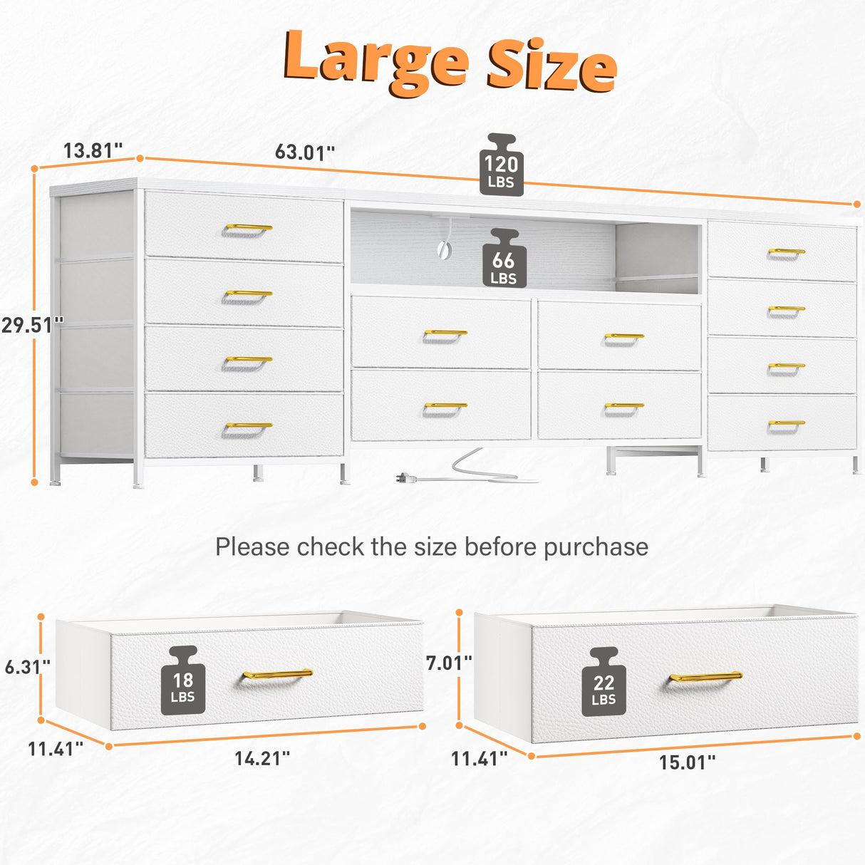 EnHomee 12 Drawer Dresser TV Stand for 65 70 75 Inch TV, 63" W Extra Long White Dresser for Bedroom with LED Lights & Power Outlets, Entertainment Center with Drawers, Fabric Dresser for Closet EnHomee
