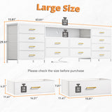 EnHomee 12 Drawer Dresser TV Stand for 65 70 75 Inch TV, 63" W Extra Long White Dresser for Bedroom with LED Lights & Power Outlets, Entertainment Center with Drawers, Fabric Dresser for Closet EnHomee