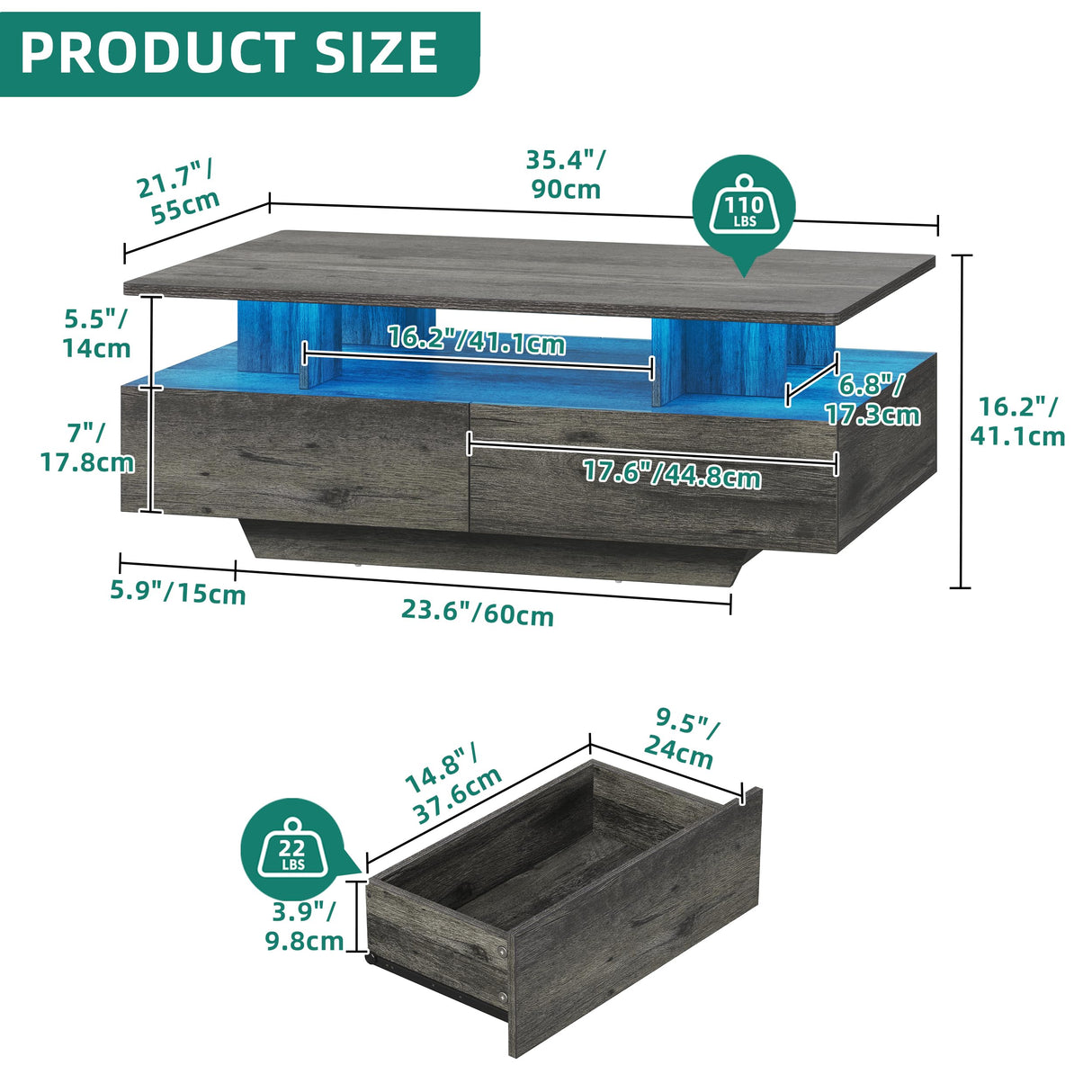 YITAHOME LED Coffee Tables for Living Room, Farmhouse Coffee Table with Storage 4 Drawers and Open Compartment, Modern Rectangle Coffee Tables Small Wood Tables for Home Decor, Office, Grey YITAHOME