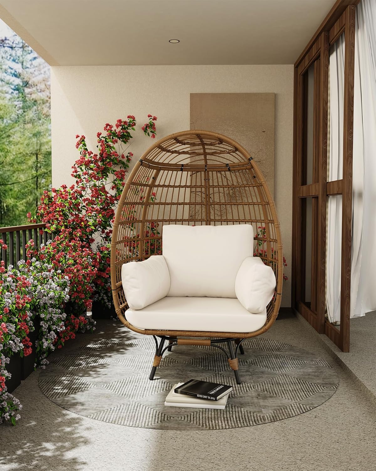 FinerFurnis Outdoor 360° Swivel Egg Chair - Oversized Egg-Shaped Lounge Chair, Steel Frame, 4 Thick Cushions, Patio Rotating Wicker Egg Basket, Indoor Outdoor Porch Living Room, Beige FinerFurnis