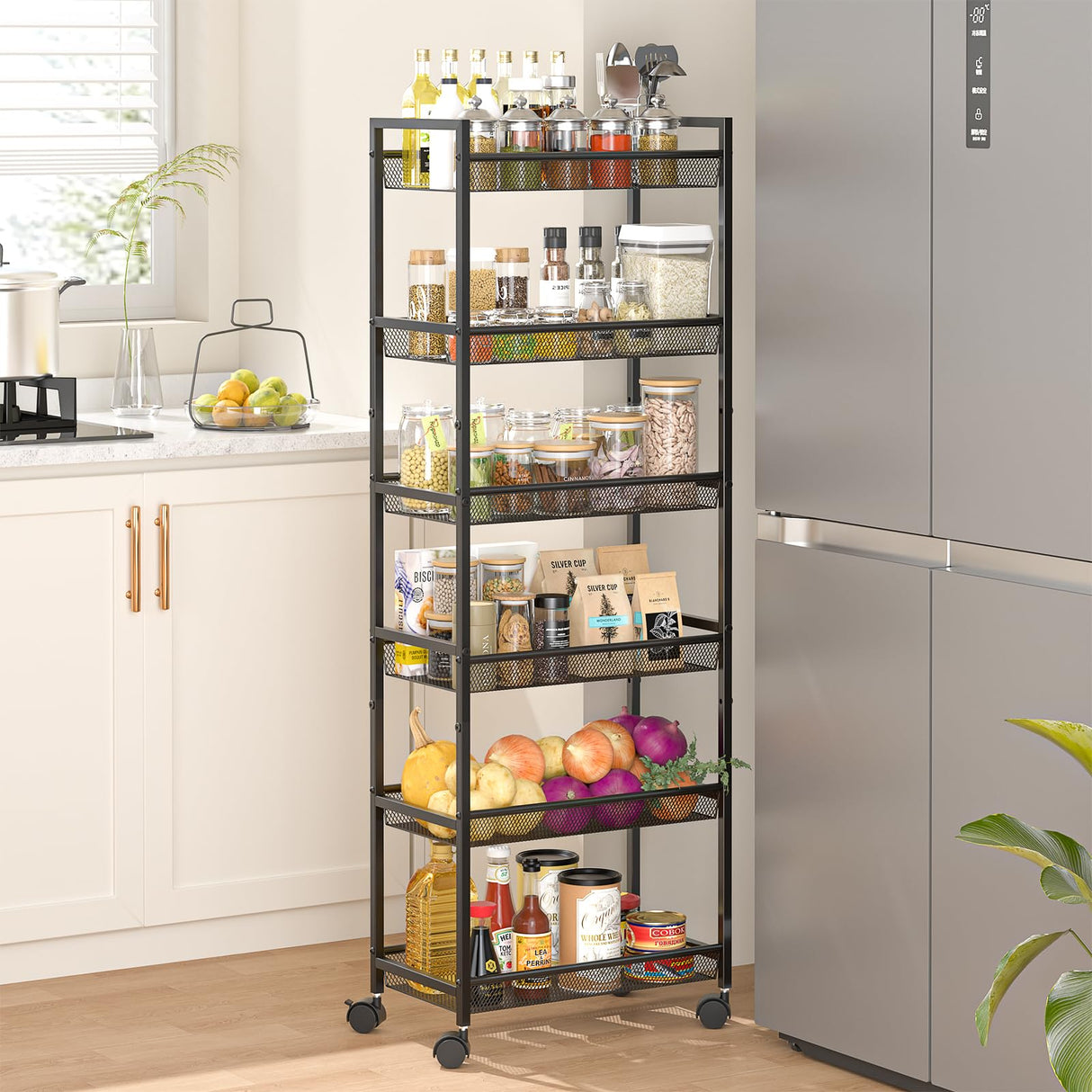 6 Tier Slim Rolling Storage Cart, Narrow Mobile Shelving Unit Organizer Utility Cart with Wheels, Metal Wire Storage Rack with Baskets for Kitchen, Bathroom, Laundry & Living Room, 10in(W) ThreeHio