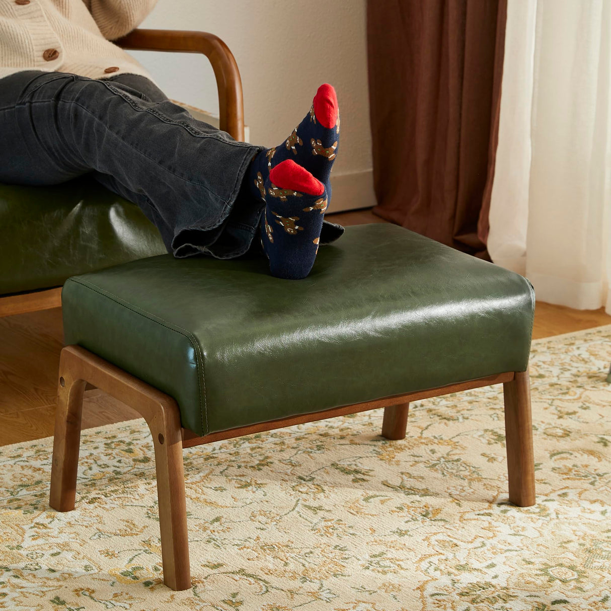 Glitzhome Foot Stool Ottoman, Modern Leatherette Sofa Stool Vanity Chair with Rubber Wood Frame, Footrest Ottoman Bench for Living Room, Entryway, Hunter Green Glitzhome