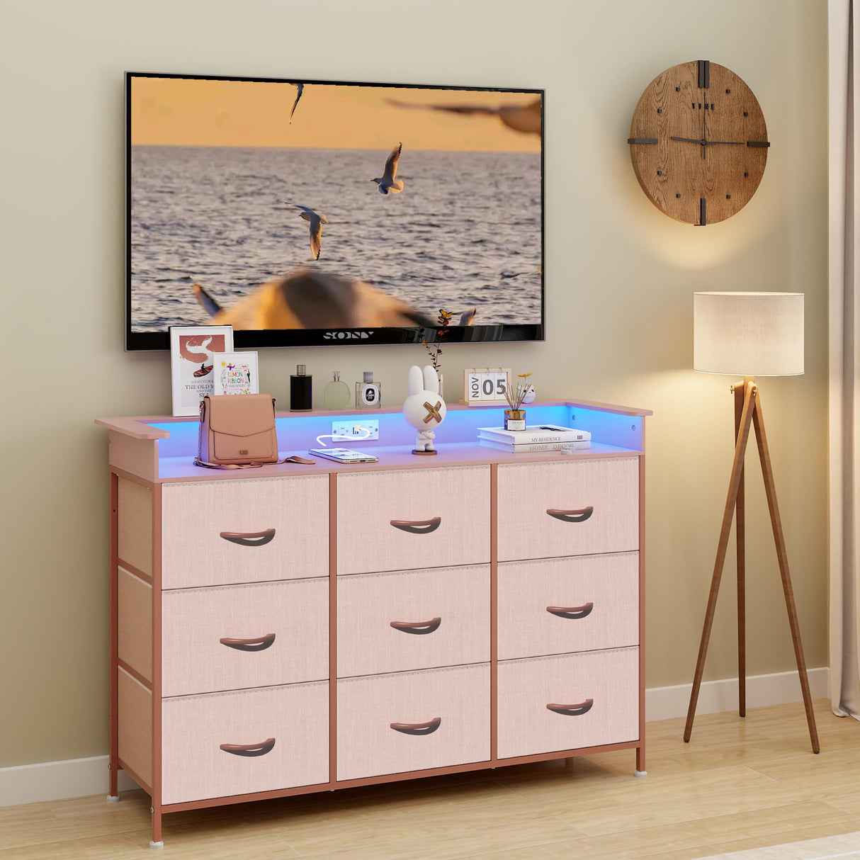 EXOTICA Pink Dresser with LED Light for Girls Bedroom 9 Drawer Dressers with Charging Station Chests of Drawers for Living Room Entryway Closet Hallway Sturdy Steel Frame Wooden Top Easy Pull Handle EXOTICA