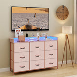 EXOTICA Pink Dresser with LED Light for Girls Bedroom 9 Drawer Dressers with Charging Station Chests of Drawers for Living Room Entryway Closet Hallway Sturdy Steel Frame Wooden Top Easy Pull Handle EXOTICA