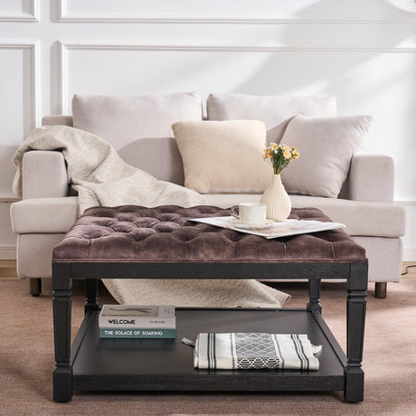 Polarisys Storage Ottoman Bench, 35 Inch Ottomans with Storage, Coffee Table Ottomans for Living Room Large Ottoman Bench Square Coffee Table with Wooden Shelf Brown Polarisys