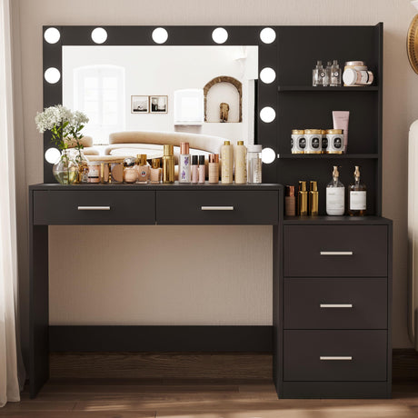 Rovaurx 46.7" Makeup Vanity Table with Lighted Mirror, Large Vanity Desk with Storage Shelf & 5 Drawers, Bedroom Dressing Table, 11 LED Lights, Black Rovaurx