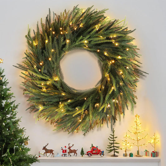 Christmas Decorations - 26 Inch Real Touch Norfolk Pine Wreath with LED Light, Christmas Wreath for Front Door, Artificial Pine Greenery Wreath Home Table Wall Window Indoor Outdoor Xmas Decoration