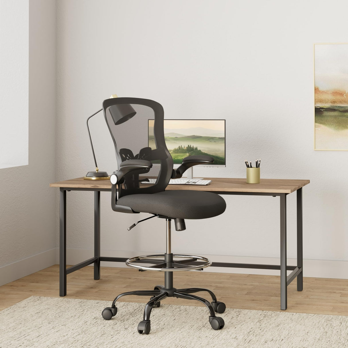 X XISHE Mesh Ergonomic Drafting Chair,Tall Adjustable Office Chair,Standing Desk Chair,Counter Height Office Chairs,Drawing Chair with Adjustable Foot Ring and PU Arms (Black) X XISHE