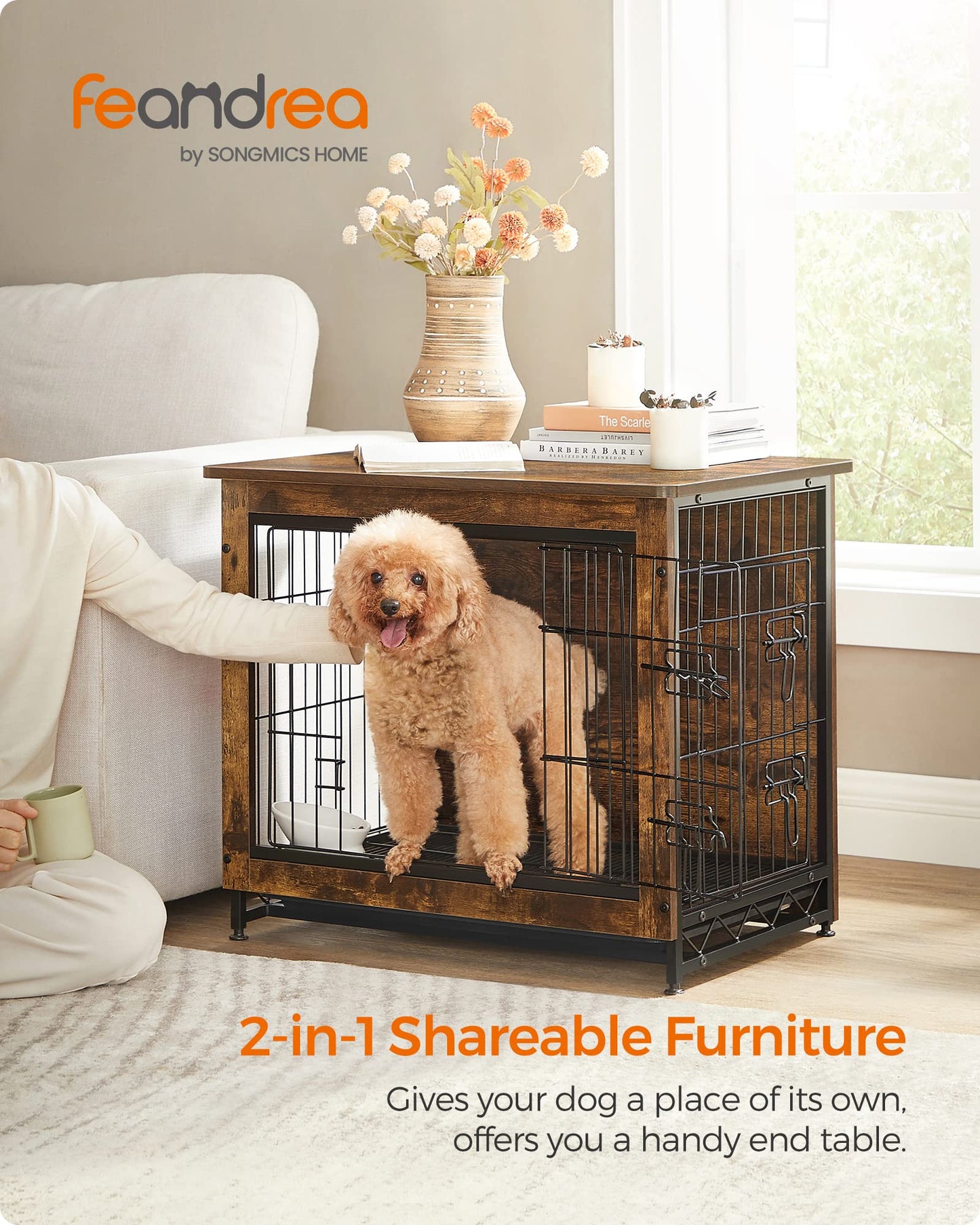 Feandrea Dog Crate Furniture, Side End Table, Modern Kennel for Dogs Indoor up to 30 lb, Heavy-Duty Dog Cage with Multi-Purpose Removable Tray, Double-Door Dog House, Rustic Brown UPFC001X01 - WoodArtSupply