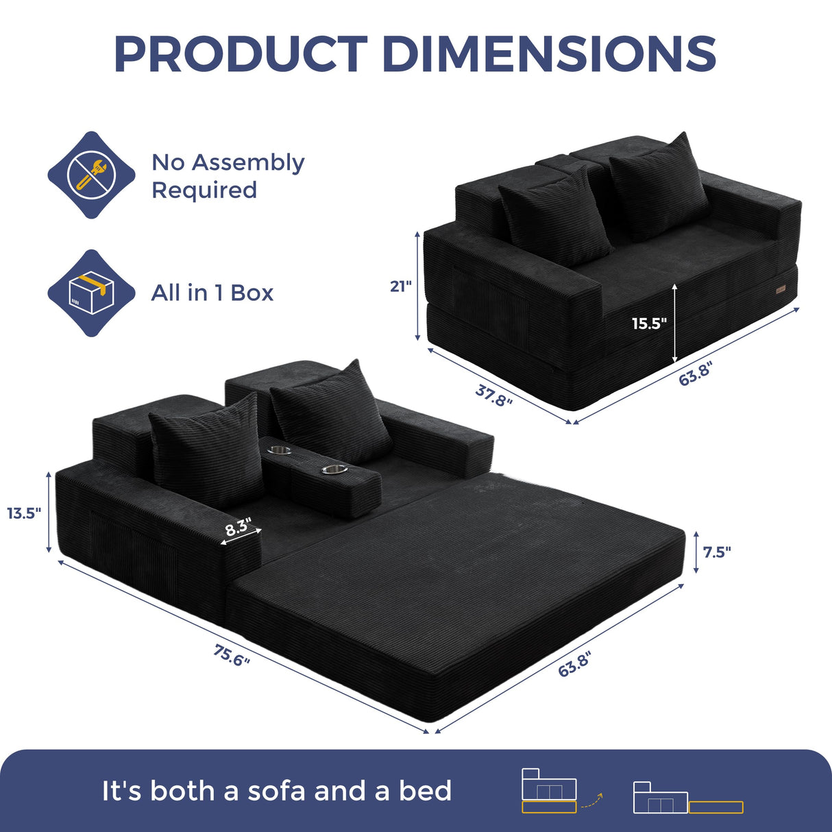 MAXYOYO Loveseat Sofa Bed, 4 in 1 Foldable Floor Sofa Couch in A Box with 2 Cup Holders, Convertible Boneless Couch Folding Recliner Sleeper Chair for Living Room, No Assembly Required, Black MAXYOYO