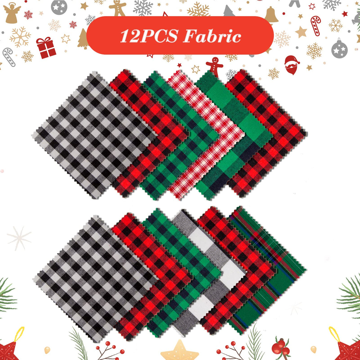 Caydo 12 Pack Christmas Ornament DIY Craft Kit Includes 3 Inch Bamboo Embroidery Hoops, Christmas Plaid Fabric, Mini Pine Cones, Artificial Pine Needle and Small Berries for Christmas DIY Decor Caydo