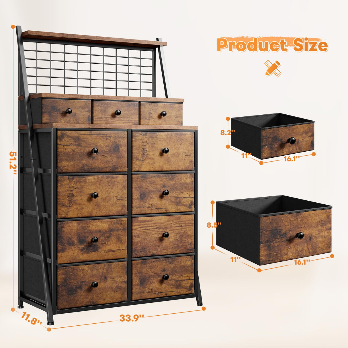 EnHomee Dresser for Bedroom with 11 Drawers Tall Dresser with LED Lights Fabric Chests of Drawers with Grid Wall Panel,3 Tier Shelves,Metal Frame,Closet,Study,Rustic Brown,33.9" Wx11.8 Dx51.2 H EnHomee