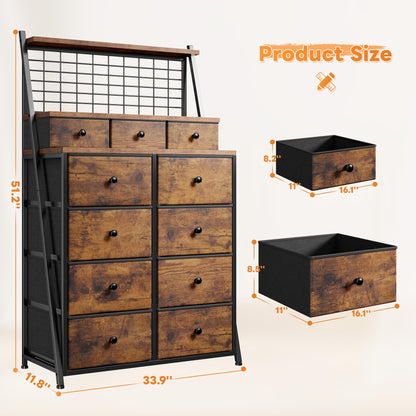 EnHomee Dresser for Bedroom with 11 Drawers Tall Dresser with LED Lights Fabric Chests of Drawers with Grid Wall Panel,3 Tier Shelves,Metal Frame,Closet,Study,Rustic Brown,33.9" Wx11.8 Dx51.2 H