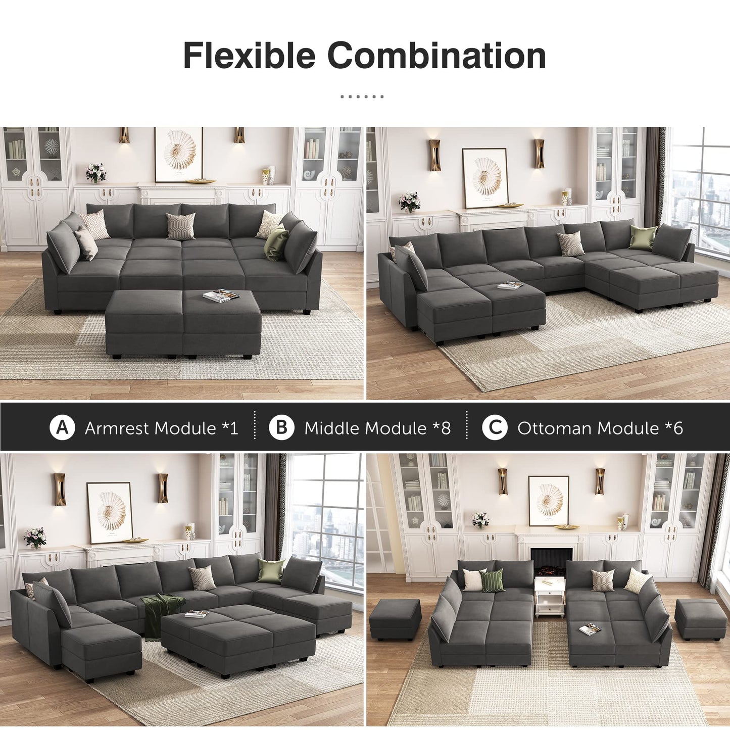 HONBAY Oversized Modular Sofa Couch with Chaise U Shaped Velvet Sectional Sofa Reversible Modular Sofa Sleeper Bed with Storage Seats, Grey