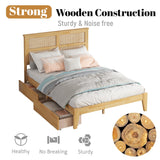 MoproBeti Full Bed Frame with Rattan Headboard,Rubber Wooden Boho Bed Frames with 2 Storage Drawers and Support Legs,No Box Spring Needed, White Oak MoproBeti