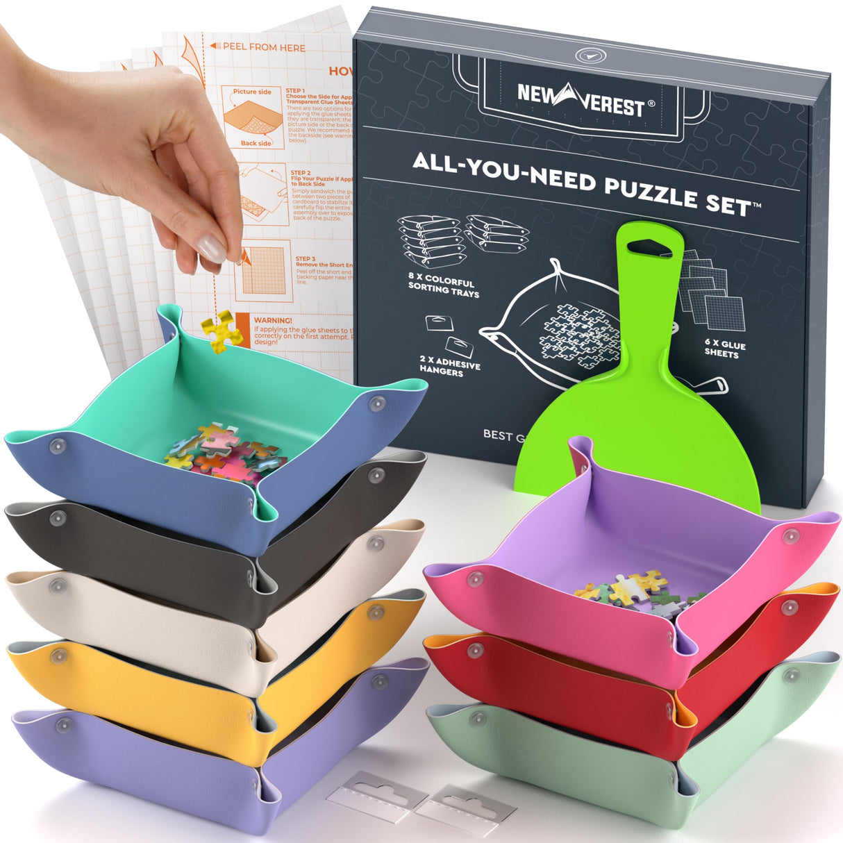Newverest All-You-Need Puzzle Set: 8 Puzzle Sorting Trays for up to 2000 Pieces, 6 Glue Sheets, 1 Large Scraper & 2 Adhesive Hangers in Gift-Ready Packaging – Must-Have Saver Kit for Puzzle Lovers Newverest