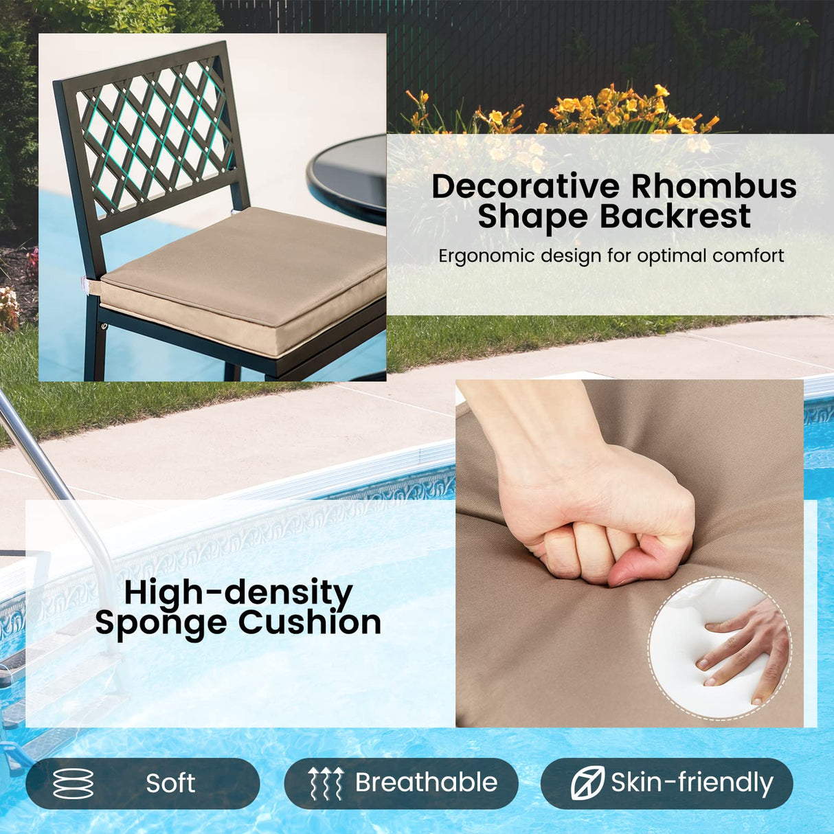 COSTWAY 3 Piece Outdoor Bar Table and Chairs Set, 55" Pub Height Bar Table & 2 Cushioned Bar Stools with Rhombus Backrest, Metal Patio Bar Table Set for Balcony, Backyard, Porch, Pool COSTWAY