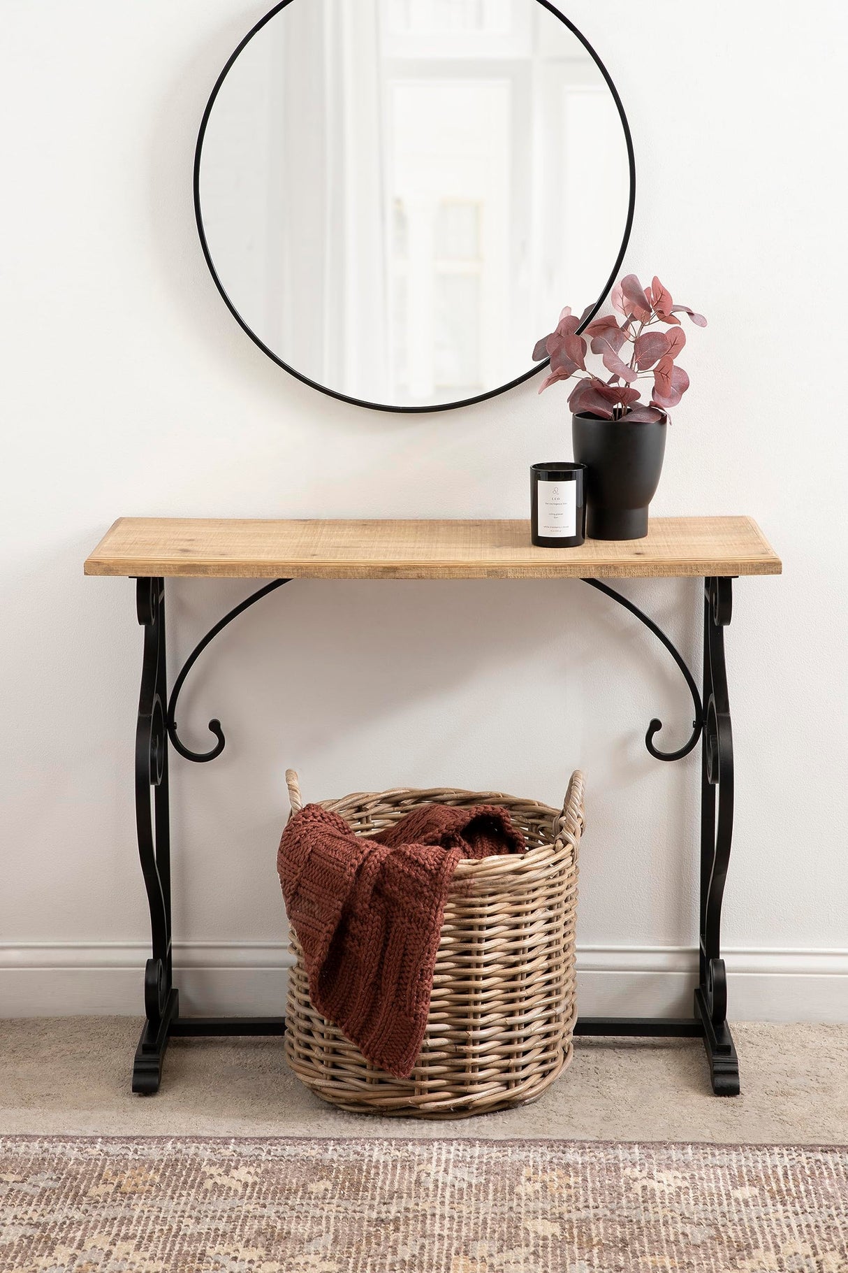 Kate and Laurel Wyldwood Farmhouse Console Table with Ornate Spiral Metal Base and Solid Wood Tabletop, 13x36x30, Black Kate and Laurel