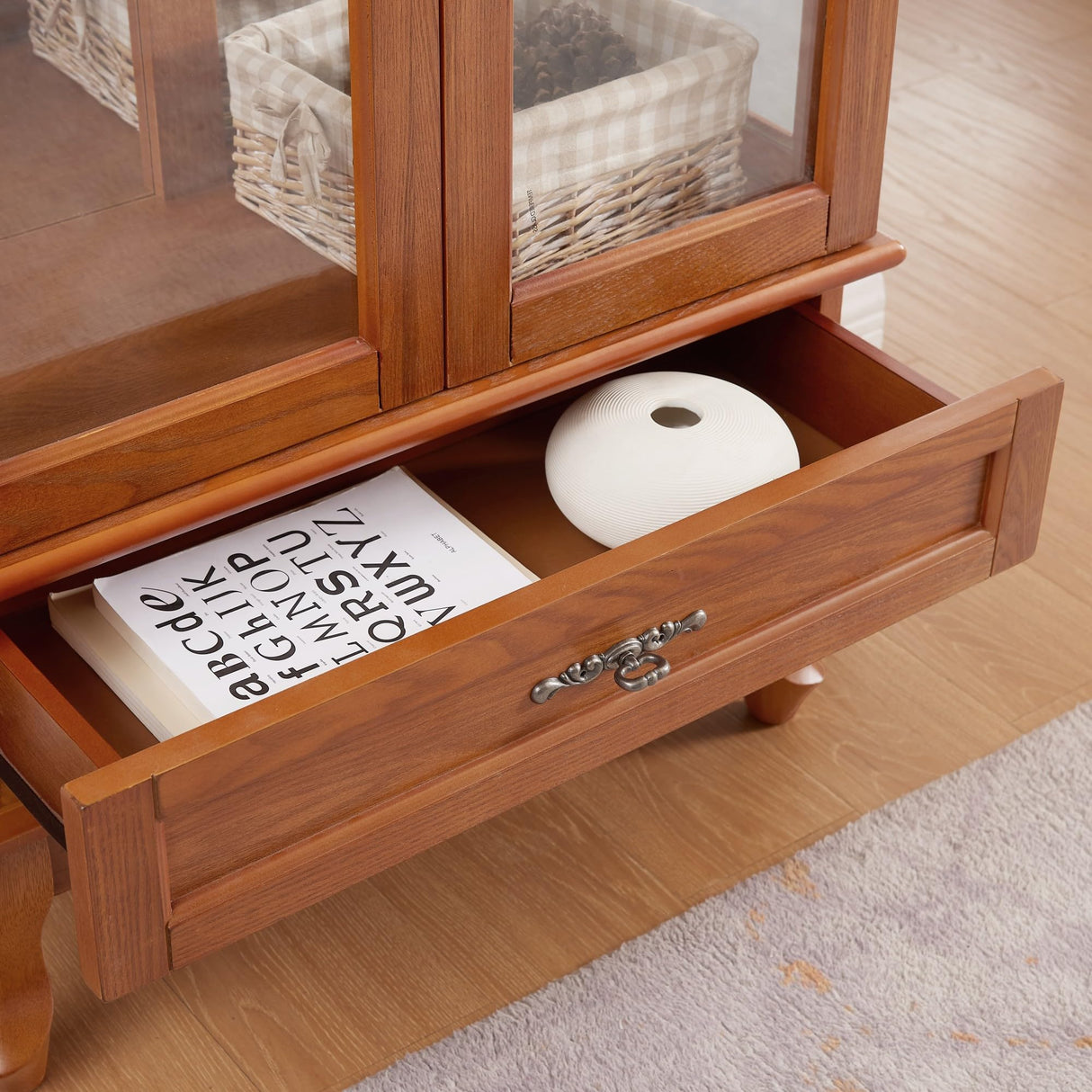 KEIKI Lighted Glass Display Curio Cabinet, 49" Tall Display Case with Adjustable Glass Shelves and Mirrored Back Panel for Living Room, Kitchen, Light Blub Included, Oak KEIKI