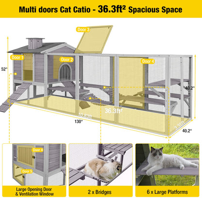 Aivituvin Deformation Cat Catio Outdoor Cat Enclosure, Cat Run with Super Large Sleep House, Wooden Kitty Condo Cat House with Bridges, Walks -130 Inch