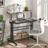 Mobile Standing Desk, Adjustable Rolling Computer Desk with 3 Desktops, Portable Laptop Table with Cup Holder, Home Office Laptop Workstation on Lockable Wheels, Grey Oak Panta