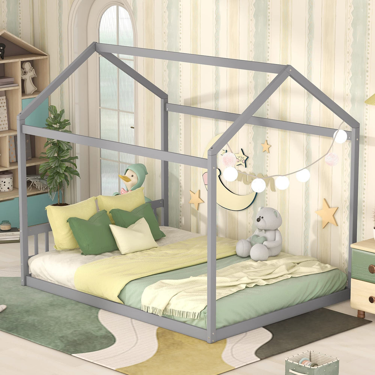 Bellemave Gray Wooden Queen Size Montessori House Bed Frame for Kids Bellemave