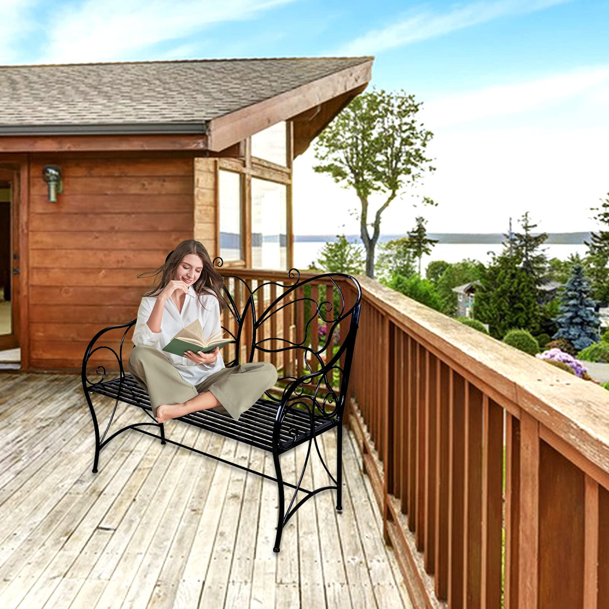 HLC Outdoor Bench Patio Outdoor Sturdy Rust-Resistant Garden Bench Butterfly Cast Iron Metal with Armrests for Garden, Park,Yard, Patio, Porch, Lawn Double Seats Black HLC