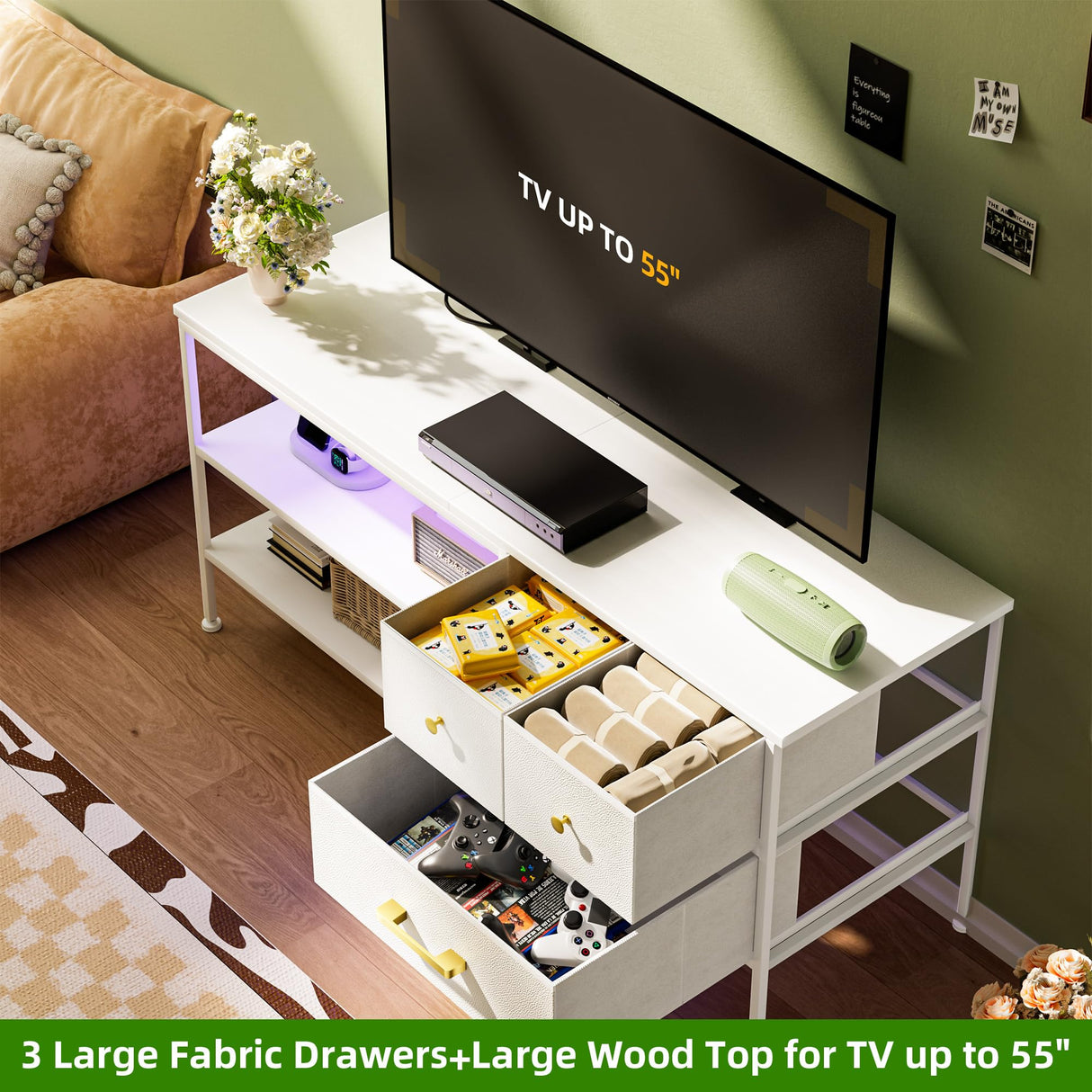 YILQQPER TV Stand with LED Lights & Power Outlet for 55 Inch TVs, Entertainment Center with 3 Storage Drawers and Shelves, Mid-Century TV Stands for Living Room and Bedroom, 50" TV Console, White YILQQPER